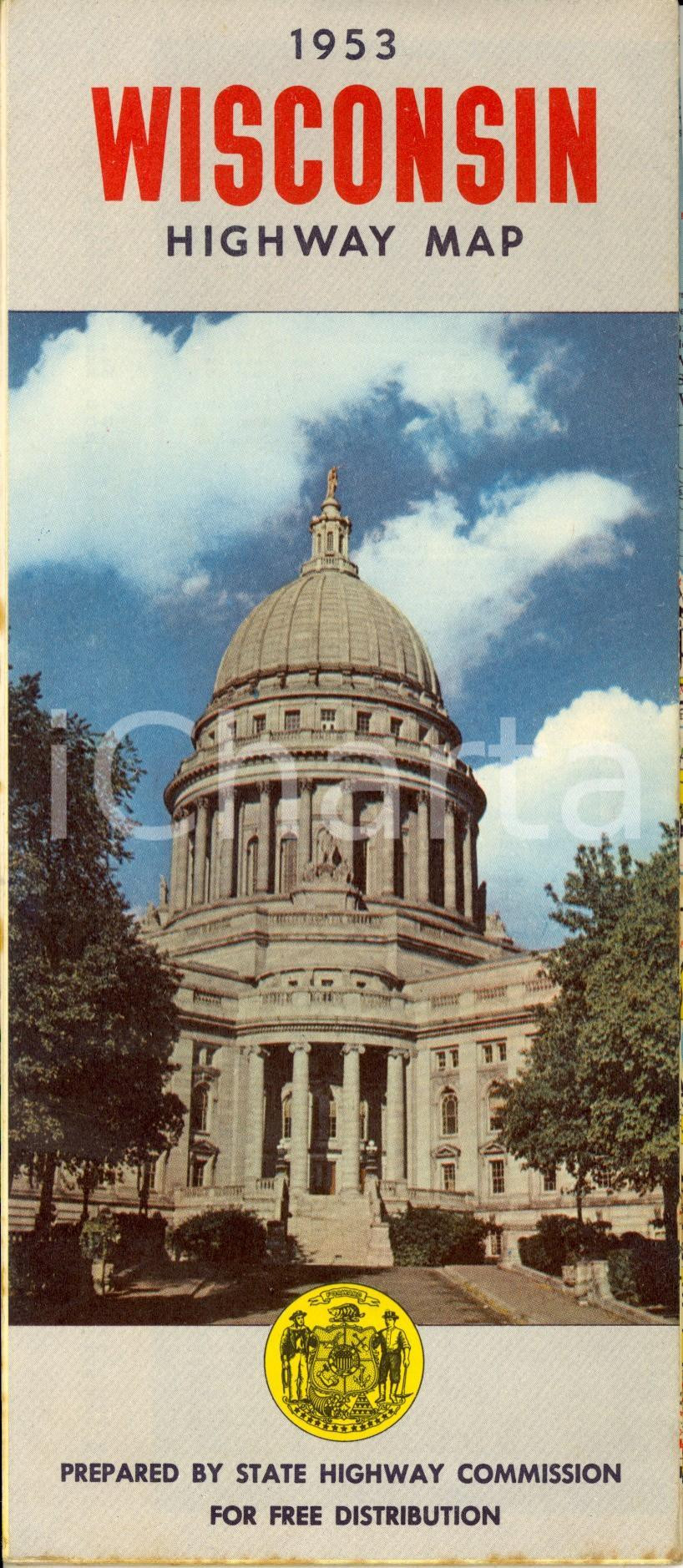 Mappa, planimetria storica 1953 WISCONSIN welcomes you Official highway map HIGHWAY STATE COMMISSION 1