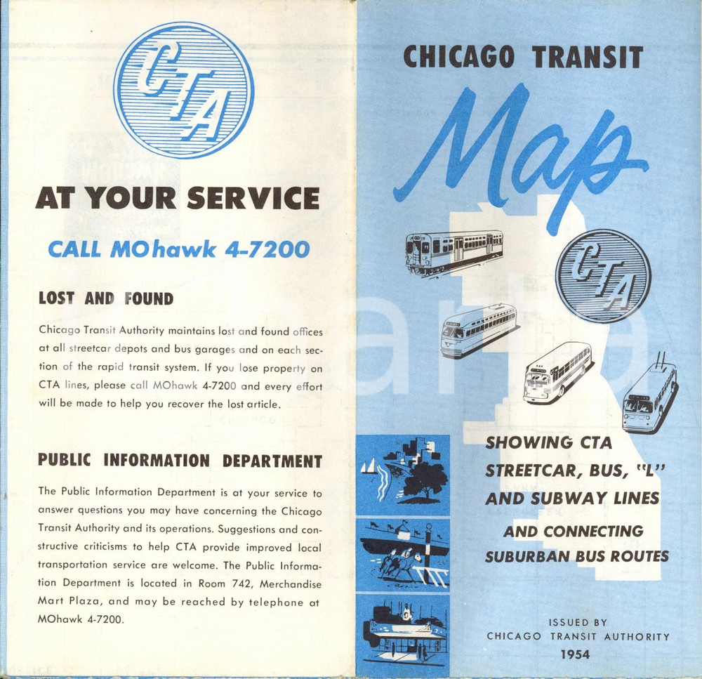 Mappa, planimetria storica 1954 CHICAGO transit map Mappa della cittÃ  con linee trasporto pubblico CTA 1