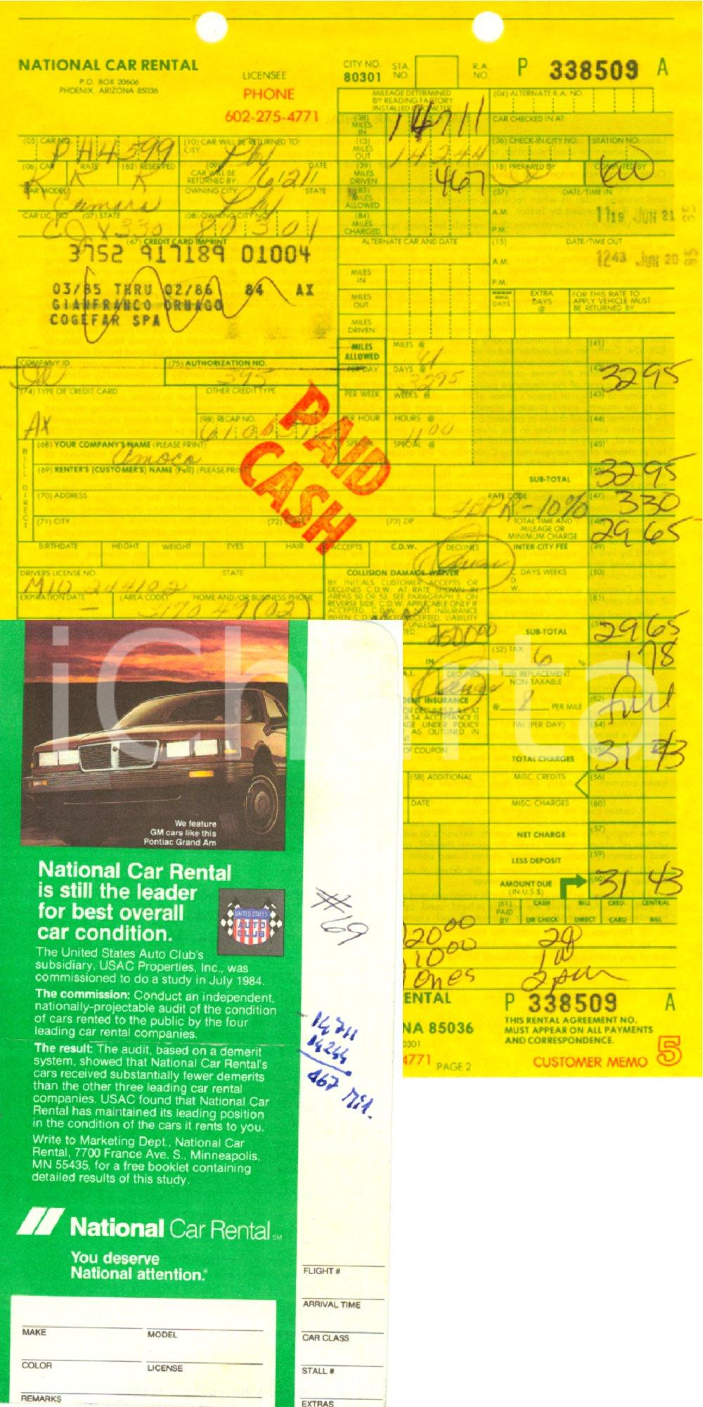 Documento originale, autentico 1985 PHOENIX USA NATIONAL CAR RENTAL Modulo per noleggio auto e portadocumenti 1