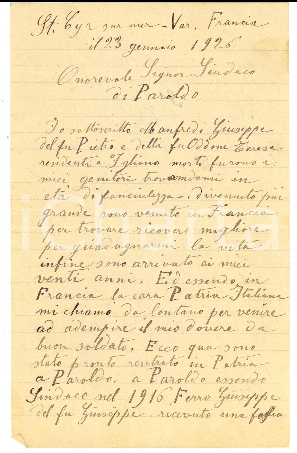 Manoscritto, lettera originale 1926 SAINTCYRSURMER F Giuseppe MANFREDI sfugge agli austriaci in guerra 1