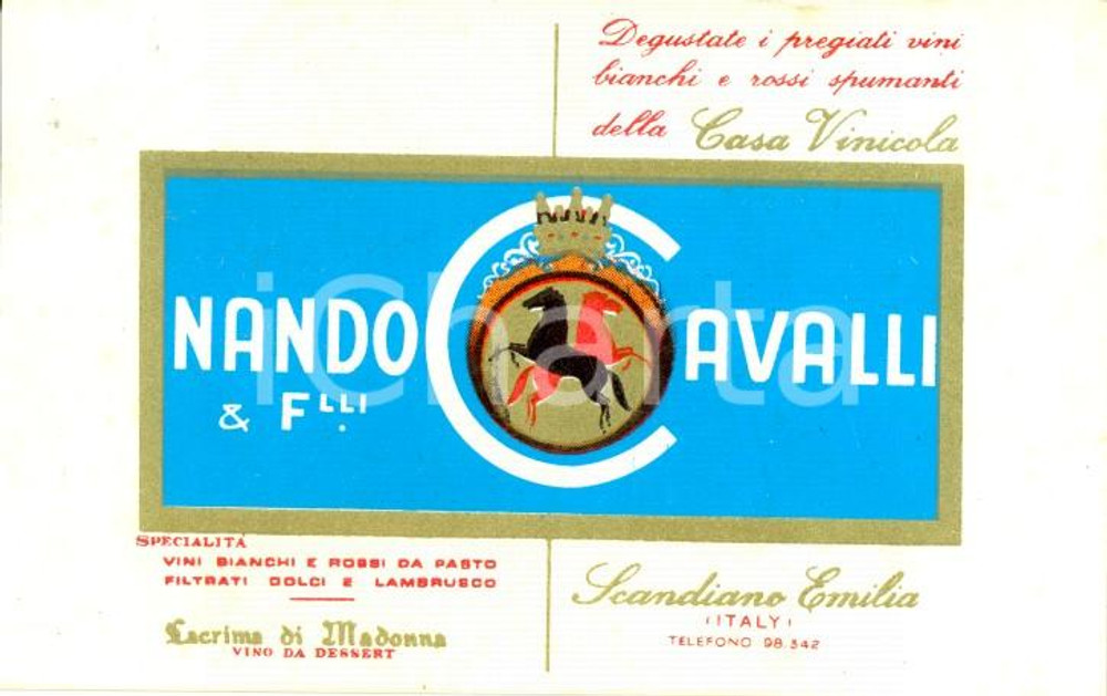 Materiale pubblicitario d’epoca 1960 ca SCANDIANO RE Casa vinicola Nando CAVALLI & fratelli Biglietto 1