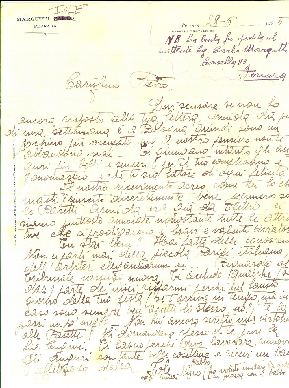 Manoscritto, lettera originale 1925 FERRARA Auguri di Iole MARGUTTI per il compleanno del fratello lontano 1
