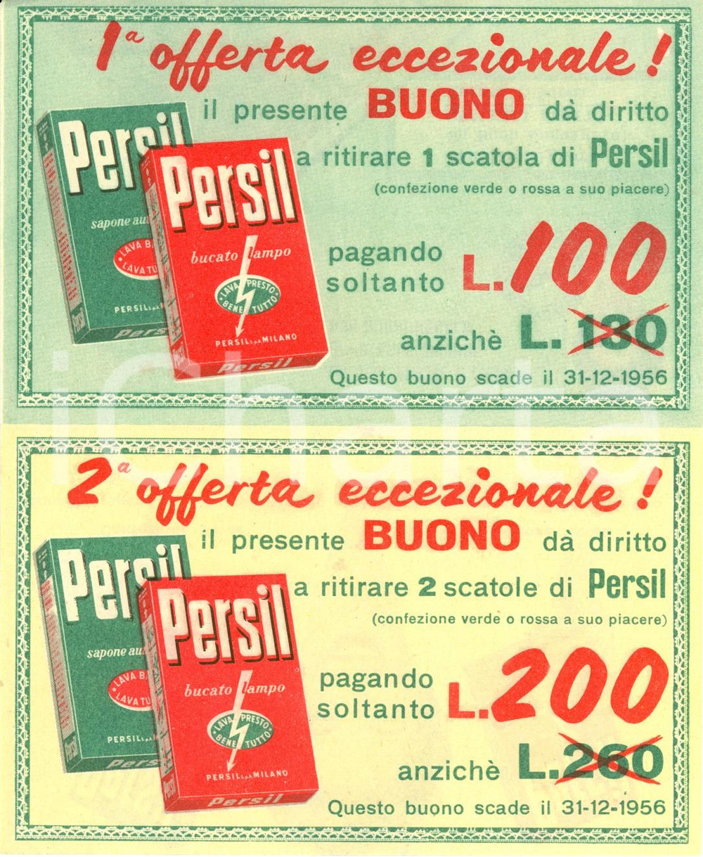 Materiale pubblicitario d’epoca 1956 Detersivo PERSIL Due offerte eccezionali buoni sconto Pubblicità ILLUSTRATA 1