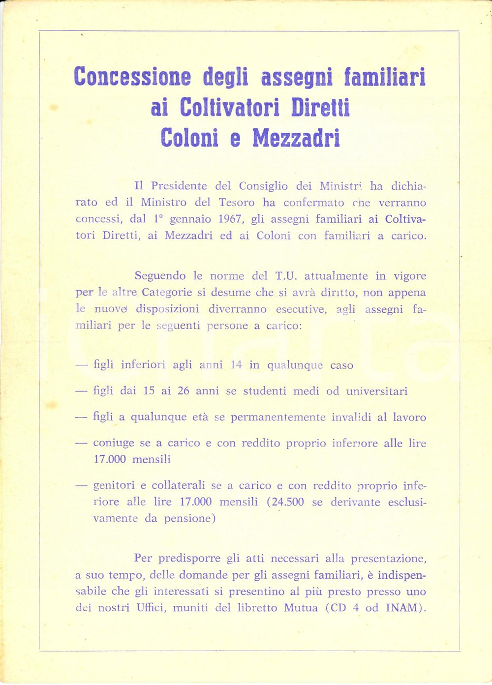 Documento originale, autentico 1966 ALBA /CN CONFEDERAZIONE NAZIONALE COLTIVATORI DIRETTI Assegni famigliari 1