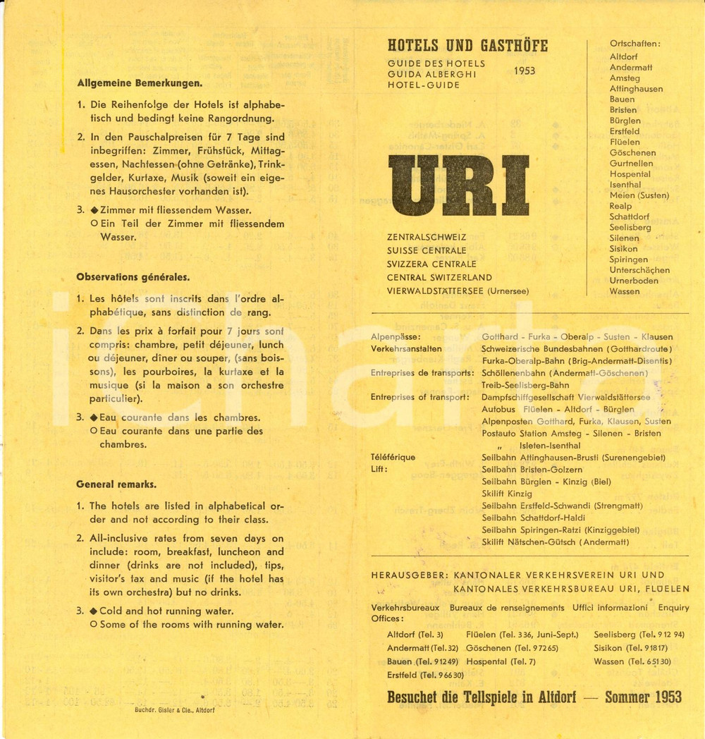 Materiale pubblicitario d’epoca 1953 URI SVIZZERA Hotels und gasthIÃ¶fe Opuscolo TURISTICO con lista hotels 1