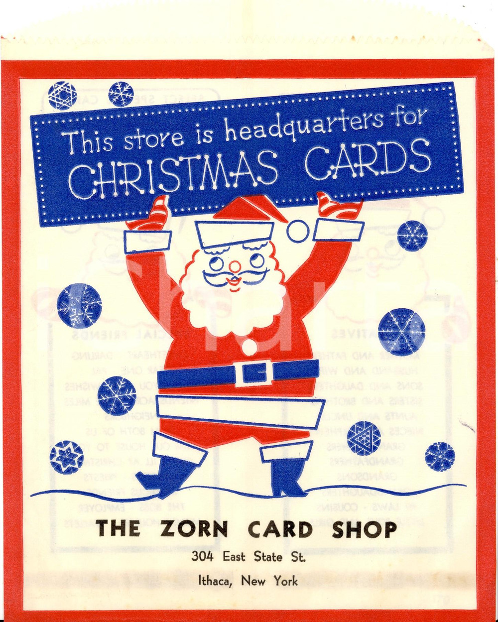 Materiale pubblicitario d’epoca 1960 ca ITHACA USA ZORN shop CHRISTMAS cards Busta per acquisti ILLUSTRATA 1