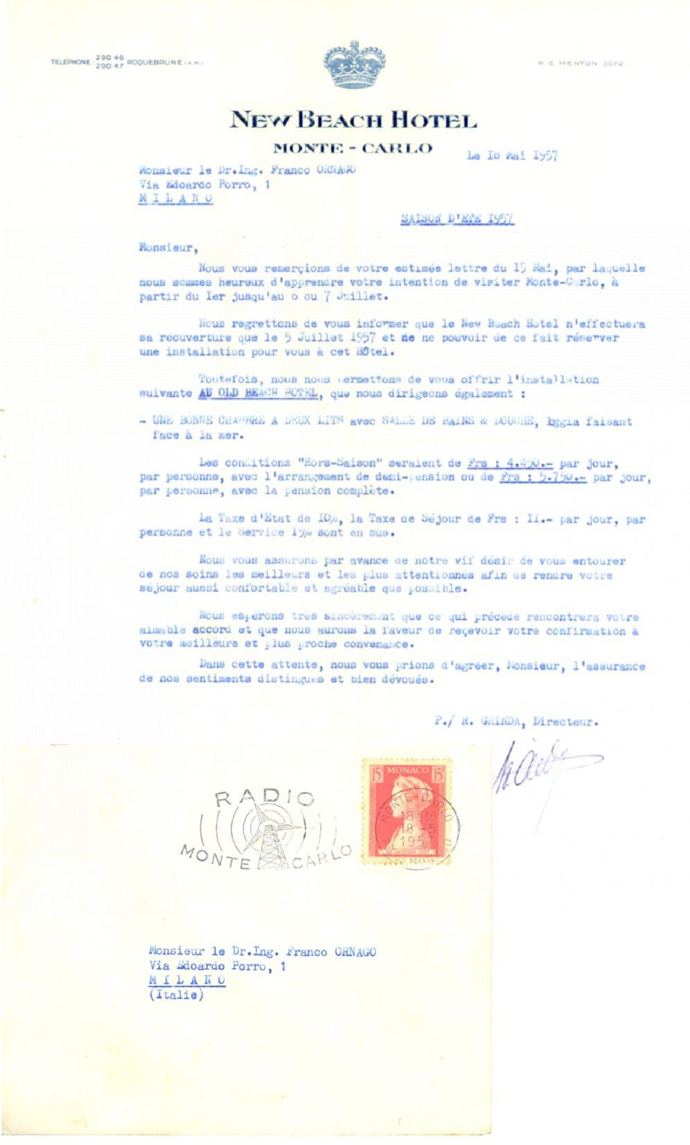 Materiale pubblicitario d’epoca 1957 MONTE CARLO MONACO Hotel NEW BEACH Lettera e busta intestate Lotto 1