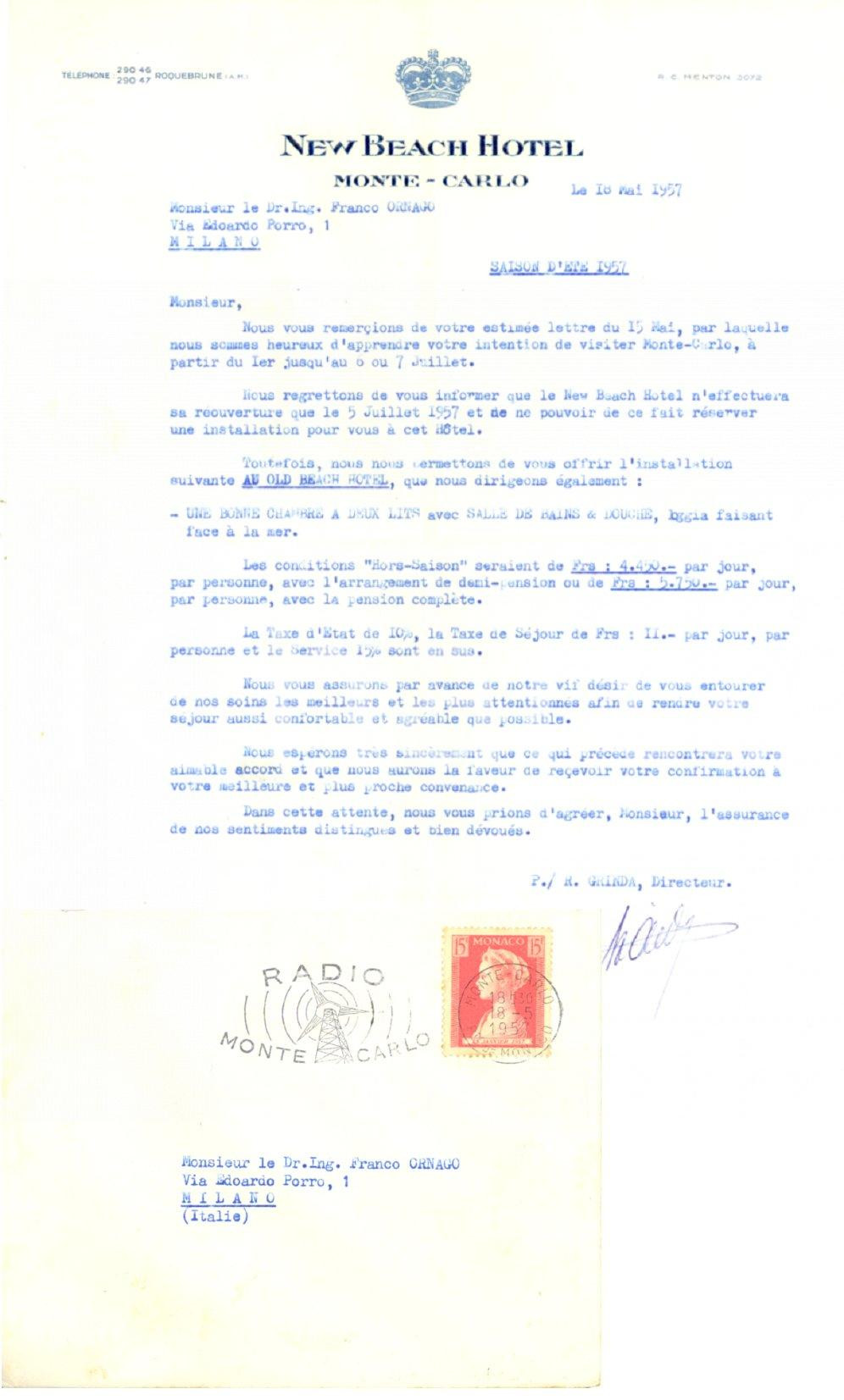 Materiale pubblicitario d’epoca 1957 MONTE CARLO MONACO Hotel NEW BEACH Lettera e busta intestate Lotto 1