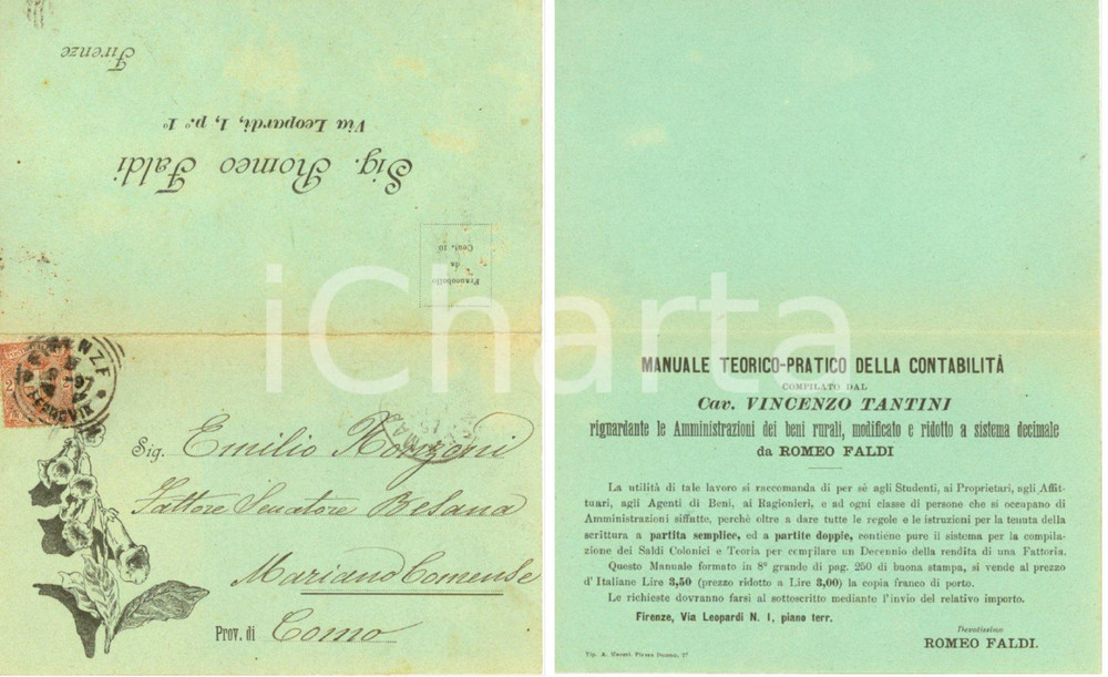 Materiale pubblicitario d’epoca 1897 FIRENZE Manuale contabilità a cura di Romeo FALDI Cartoncino PUBBLICITARIO 1