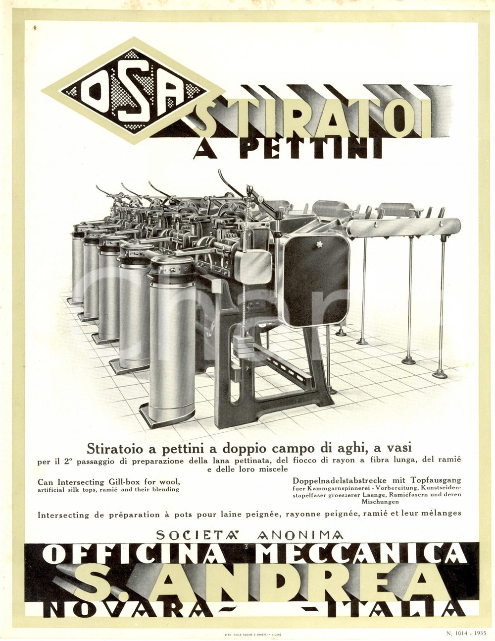Materiale pubblicitario d’epoca 1935 NOVARA Officina SANT ANDREA OSA Stiratoio a pettini Pubblicità 1 1