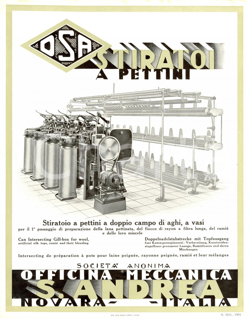 Materiale pubblicitario d’epoca 1935 NOVARA Officina SANT ANDREA OSA Stiratoi a pettinio PubblicitÃ  ILLUSTRATA 1