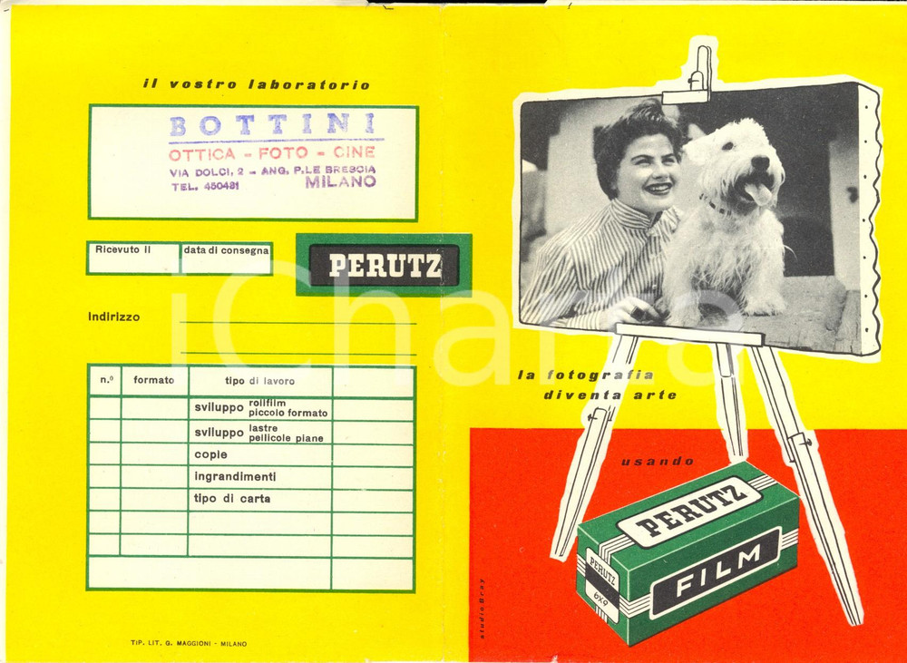 Materiale pubblicitario d’epoca 1950 ca MILANO BOTTINI ottica, cine, foto Portafoto ILLUSTRATO Pellicola PERUTZ 1