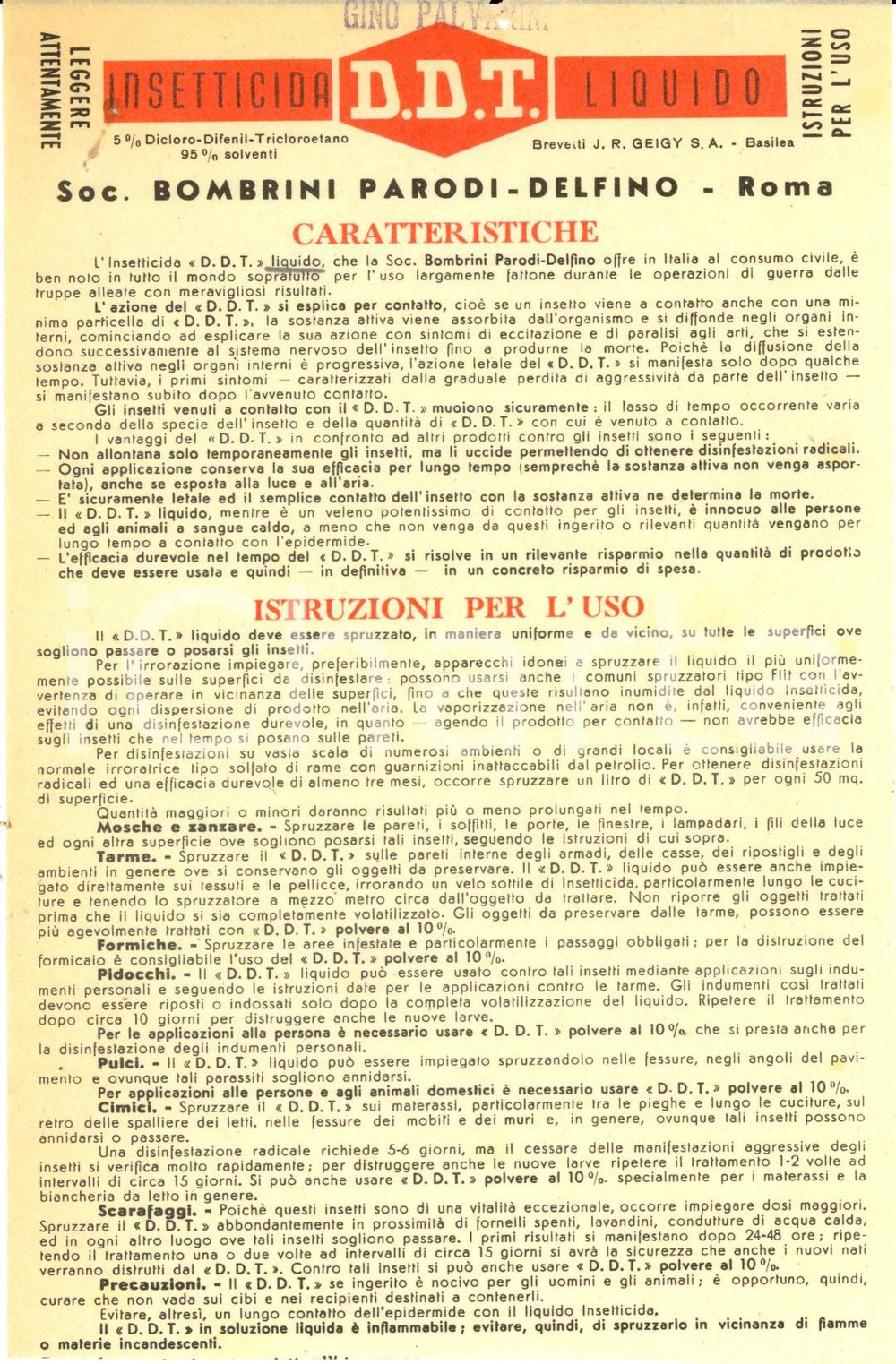 Materiale pubblicitario d’epoca 1940 ca ROMA Ditta BOMBRINI PARODIDELFINO Insetticida DDT liquido Volantino 1
