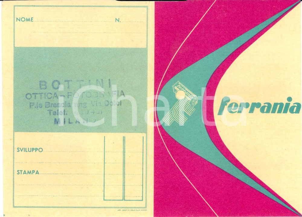 Materiale pubblicitario d’epoca 1950 ca MILANO Fotografia ottica BOTTINI Portanegativi Pellicole FERRANIA 1