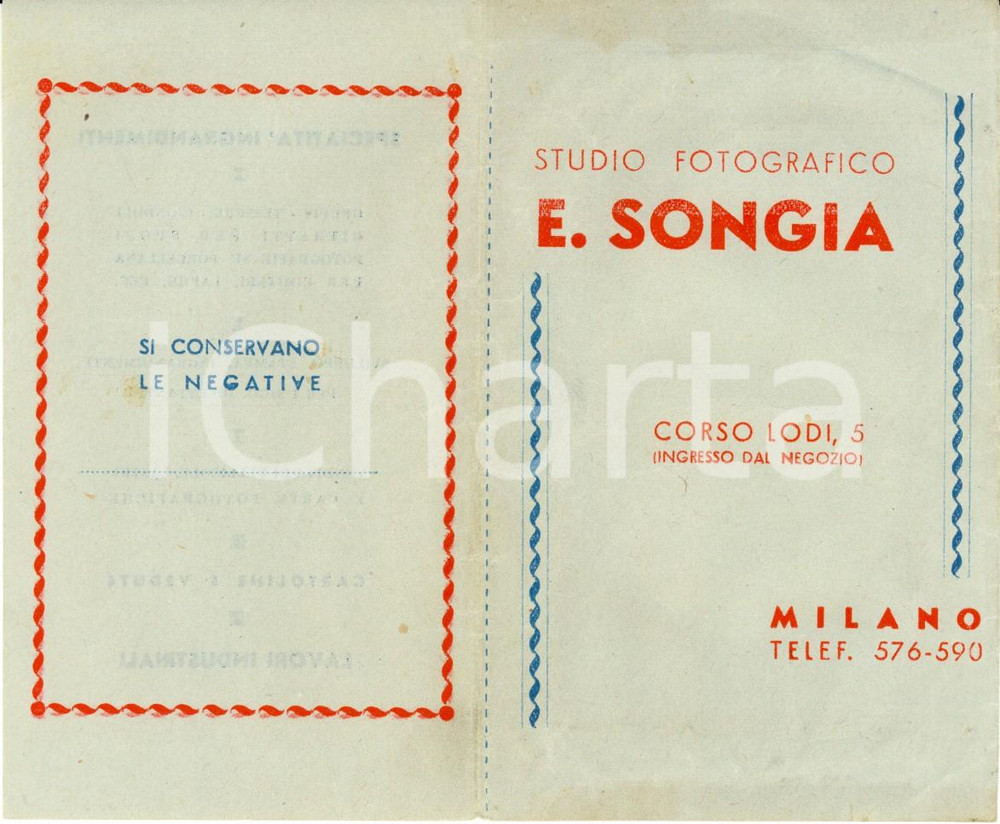 Materiale pubblicitario d’epoca 1950 ca MILANO Corso LODI Studio fotografico e negozio E. SONGIA Portanegativi 1