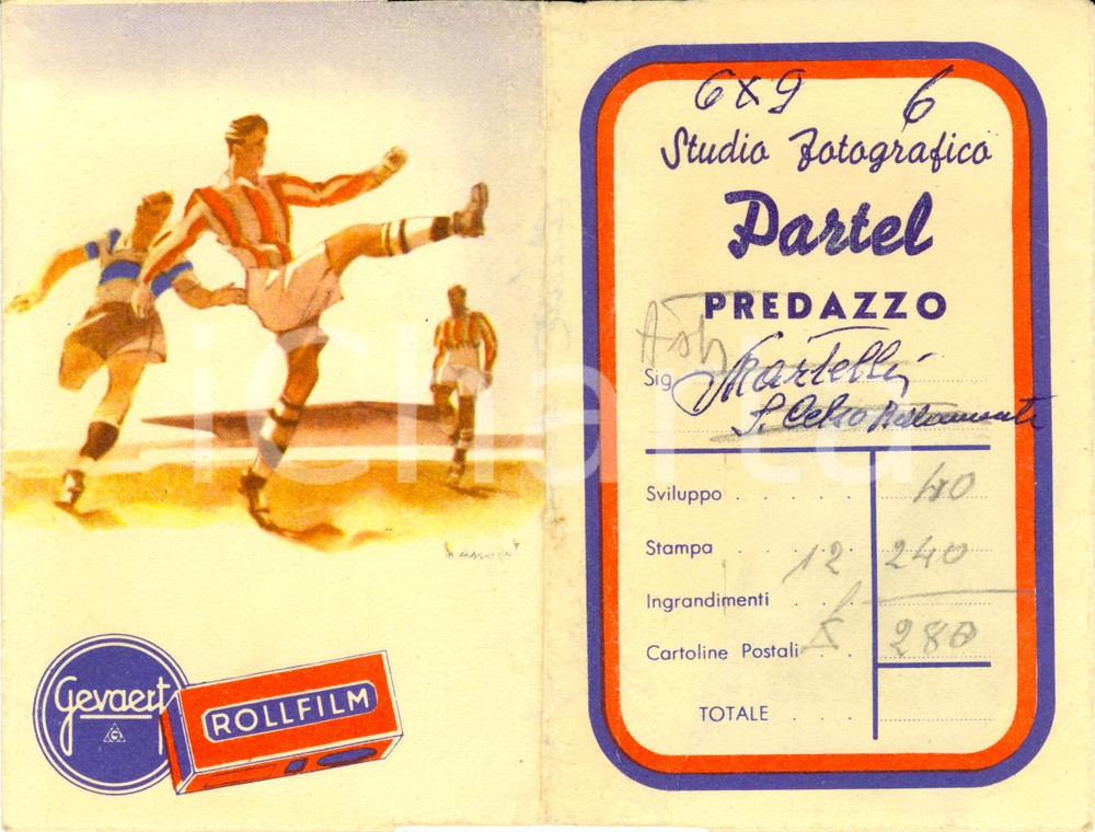 Materiale pubblicitario d’epoca 1950 ca PREDAZZO TN Studio fotografico PARTEL Portafoto Ill. MASSONET GEVAERT 1