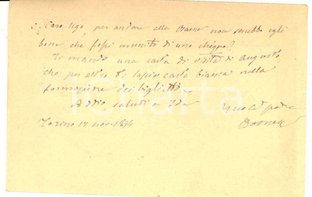Autografo originale 1894 TORINO Domenico CARUTTI DI CANTOGNO invia denaro al figlio Ugo AUTOGRAFO 1