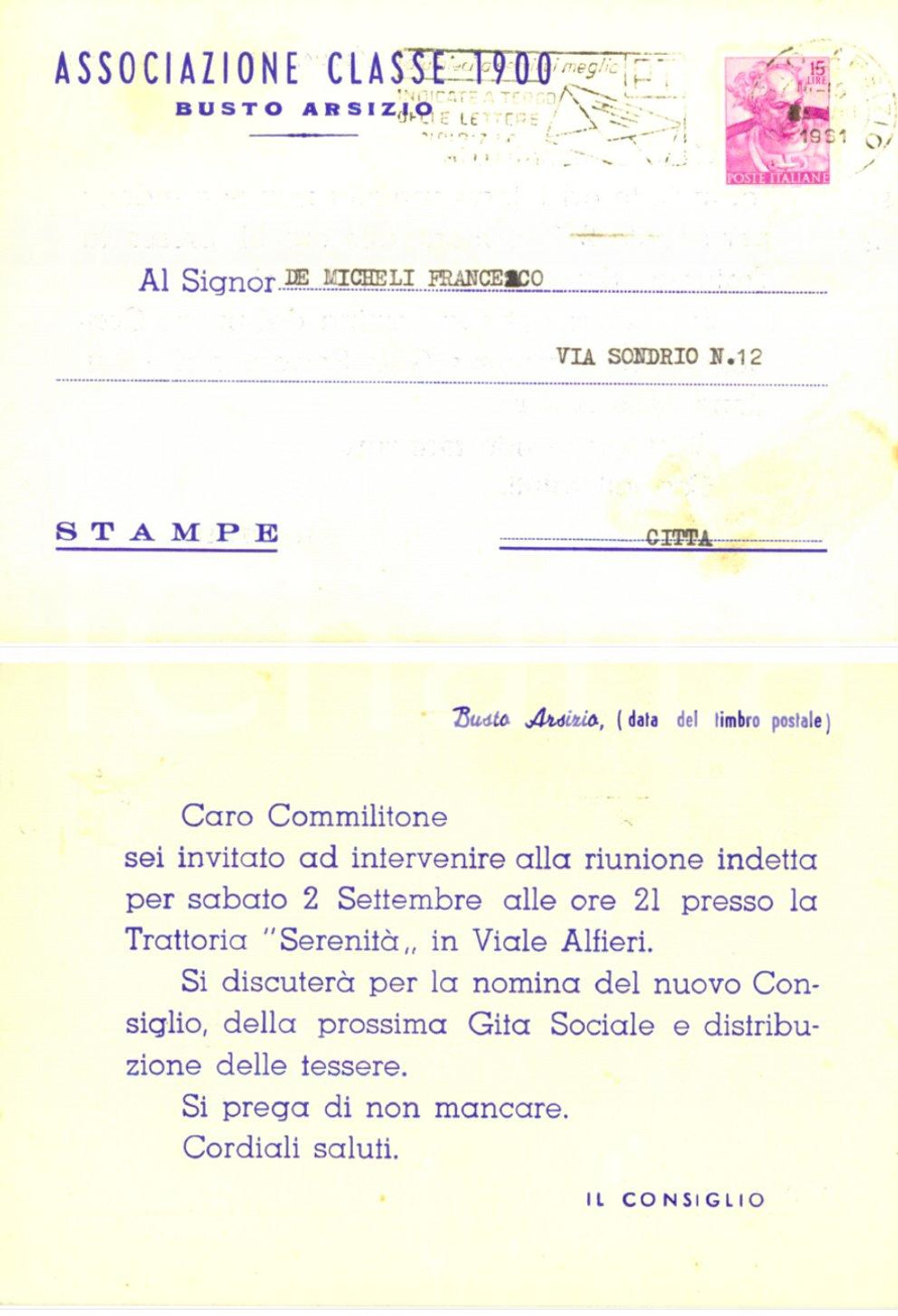Cartolina originale da collezione 1961 BUSTO ARSIZIO VA Associazione Classe 1900 Invito alla riunione INTESTATA 1