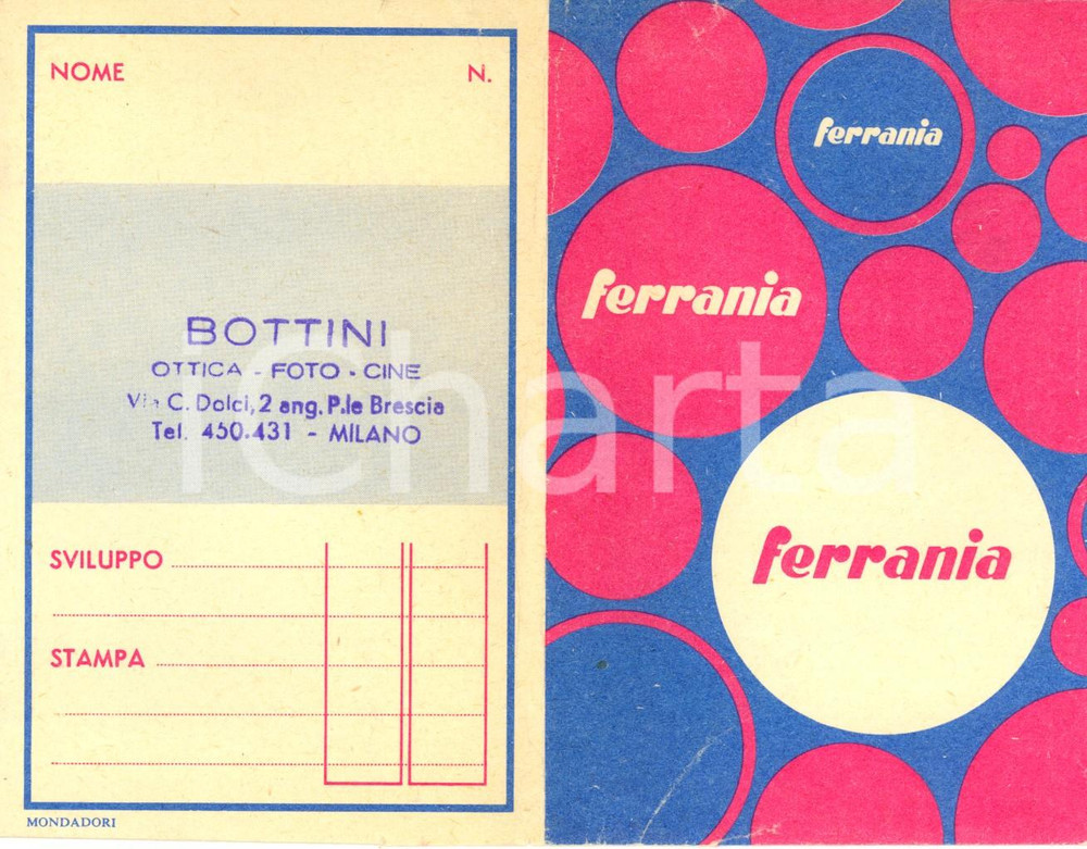 Materiale pubblicitario d’epoca 1950 ca MILANO Ottica foto cine BOTTINI Portafotografie PubblicitÃ  FERRANIA 1