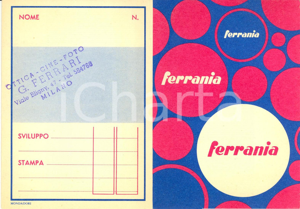 Materiale pubblicitario d’epoca 1950 ca MILANO Ottica foto G. FERRARI Portafotografie Pubblicità FERRANIA 1