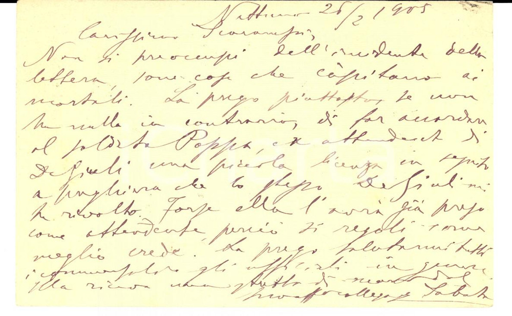 Autografo originale 1905 NETTUNO RM Licenza al soldato POPPEA da Galeazzo SCARAMPI DEL CAIRO 1