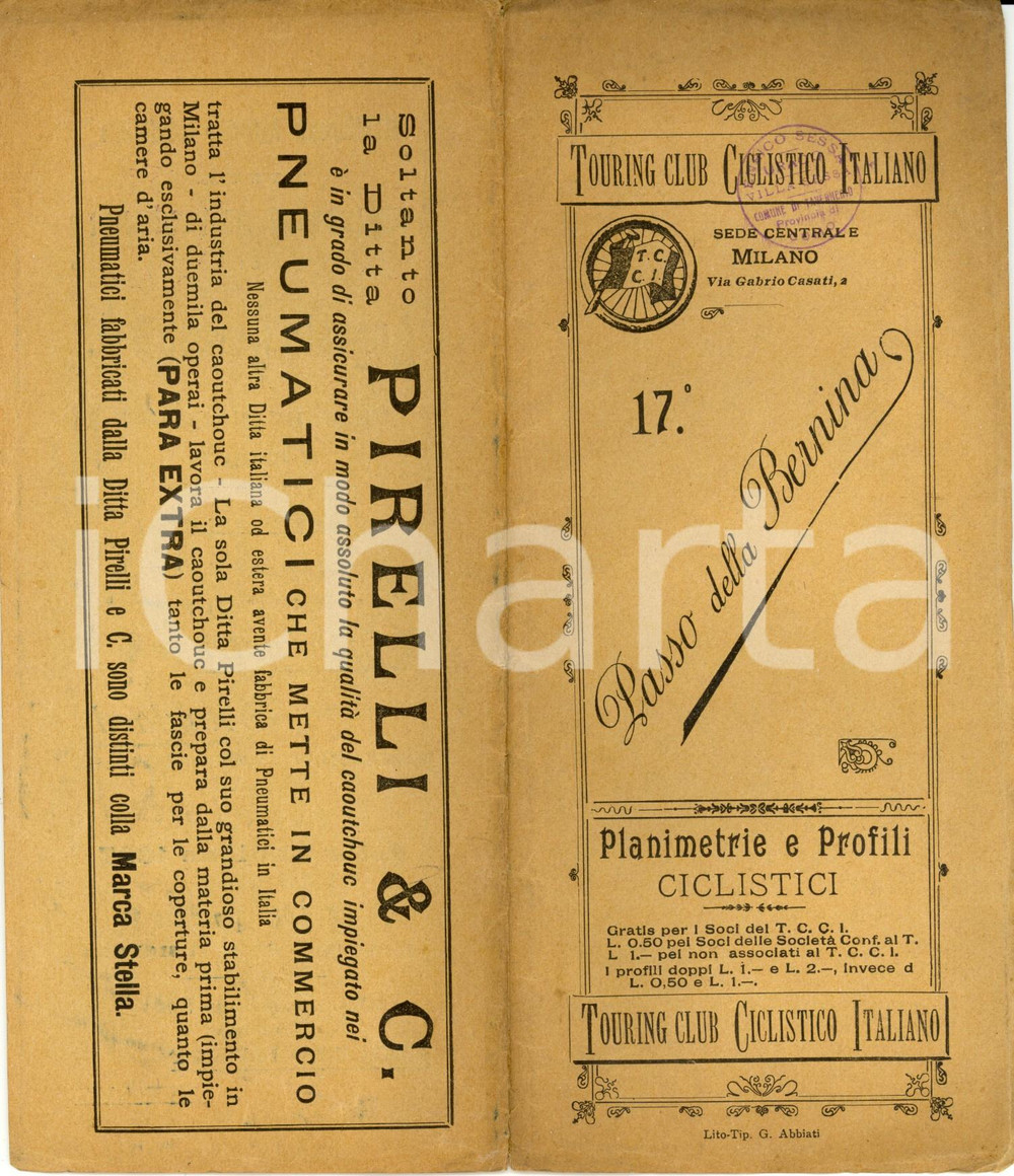 Materiale pubblicitario d’epoca 1896 TOURING CLUB CICLISTICO Planimetrie Passo della BERNINA Opuscolo PIRELLI 1