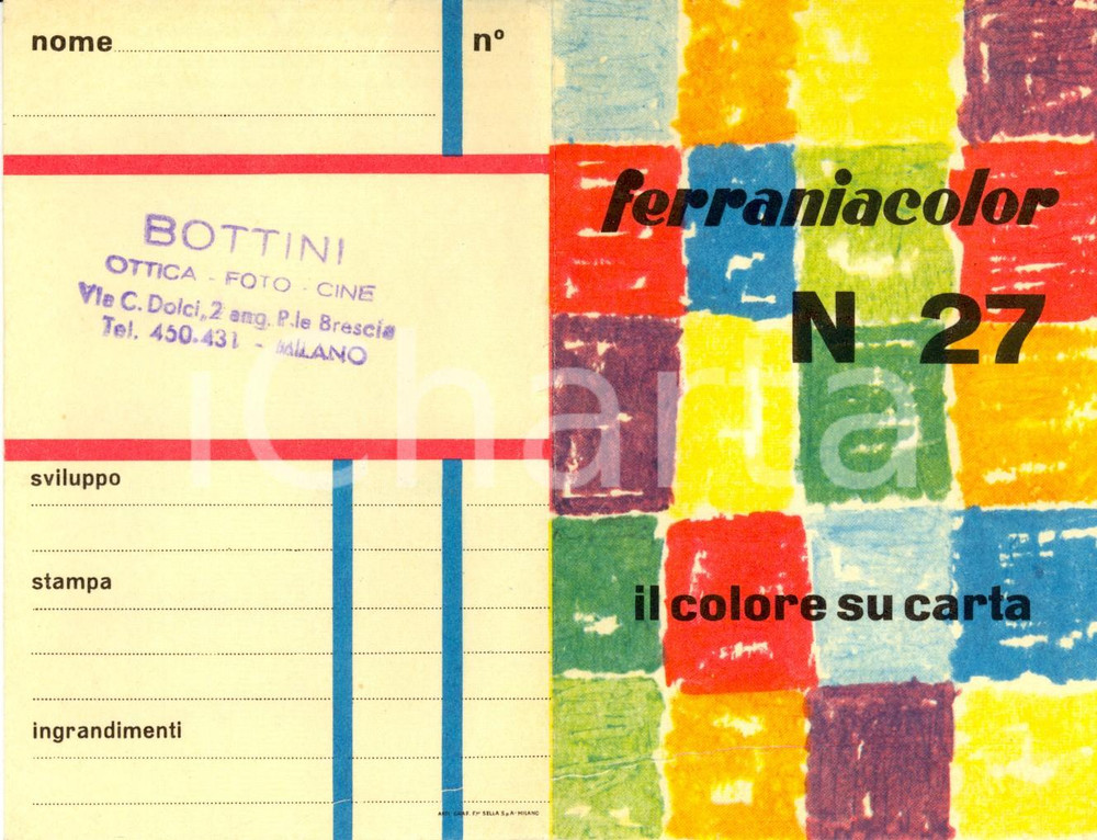 Materiale pubblicitario d’epoca 1960 ca MILANO Ottica foto cine BOTTINI Portafotografie PubblicitÃ  FERRANIACOLOR 1