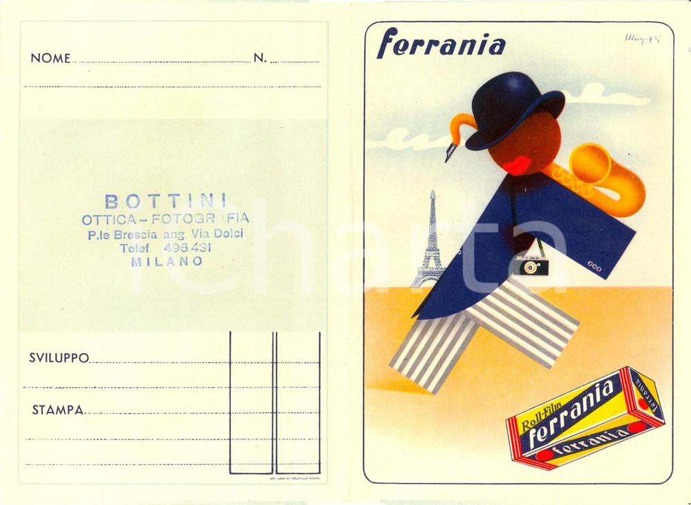 Materiale pubblicitario d’epoca 1950 ca MILANO Ottica fotografia BOTTINI Portafotografie Ill. MINGOZZI FERRANIA 1
