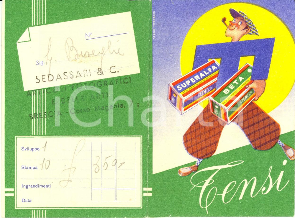 Materiale pubblicitario d’epoca 1950 ca BRESCIA SEDASSARI articoli fotografici Portanegativi ILLUSTRATO TENSI 1