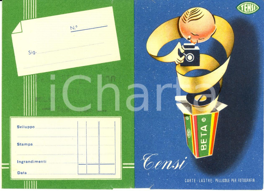 Materiale pubblicitario d’epoca 1950 ca MILANO Fotografo Edoardo PESSARE  Portanegativi ILLUSTRATO TENSI BETA 1