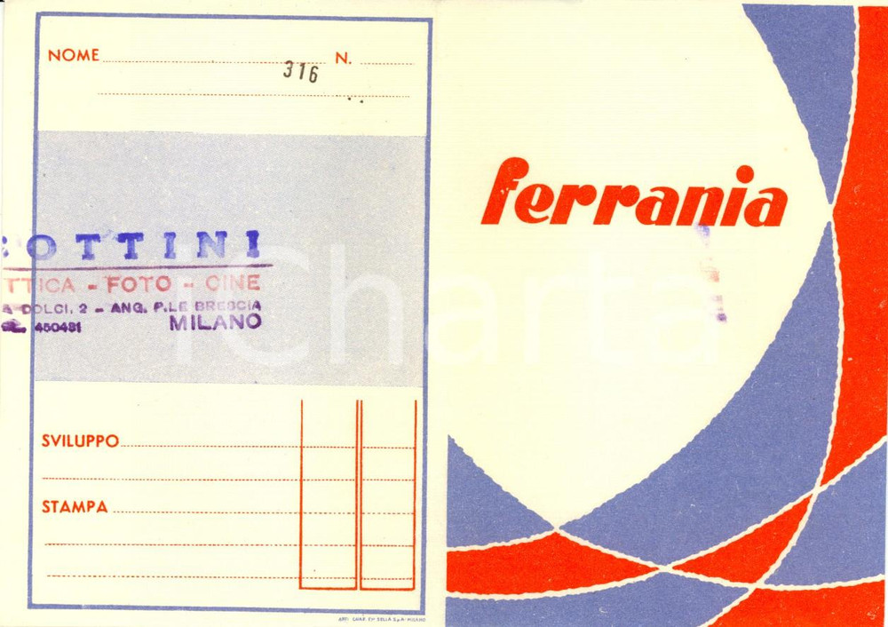 Materiale pubblicitario d’epoca 1950 ca MILANO Ottica foto cine BOTTINI Portanegativi PubblicitÃ  FERRANIA 1