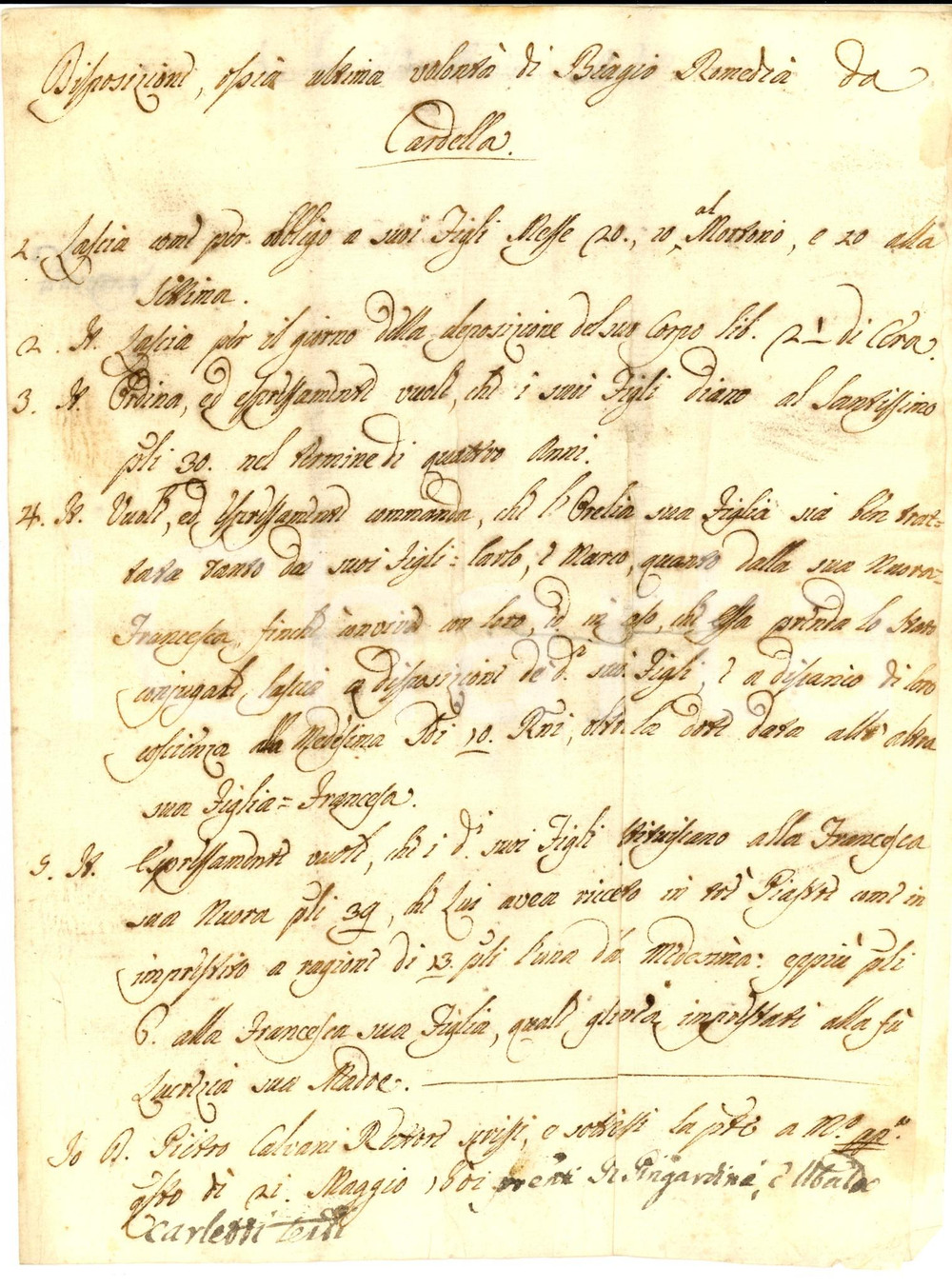 Documento originale, autentico 1801 CARDELLA  PU Testamento di Biagio ROMEDIA per la figlia Manoscritto 1