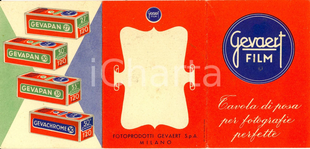 Materiale pubblicitario d’epoca 1950 ca MILANO Fotoprodotti GEVAERT Tavola di posa per fotografie perfette 1
