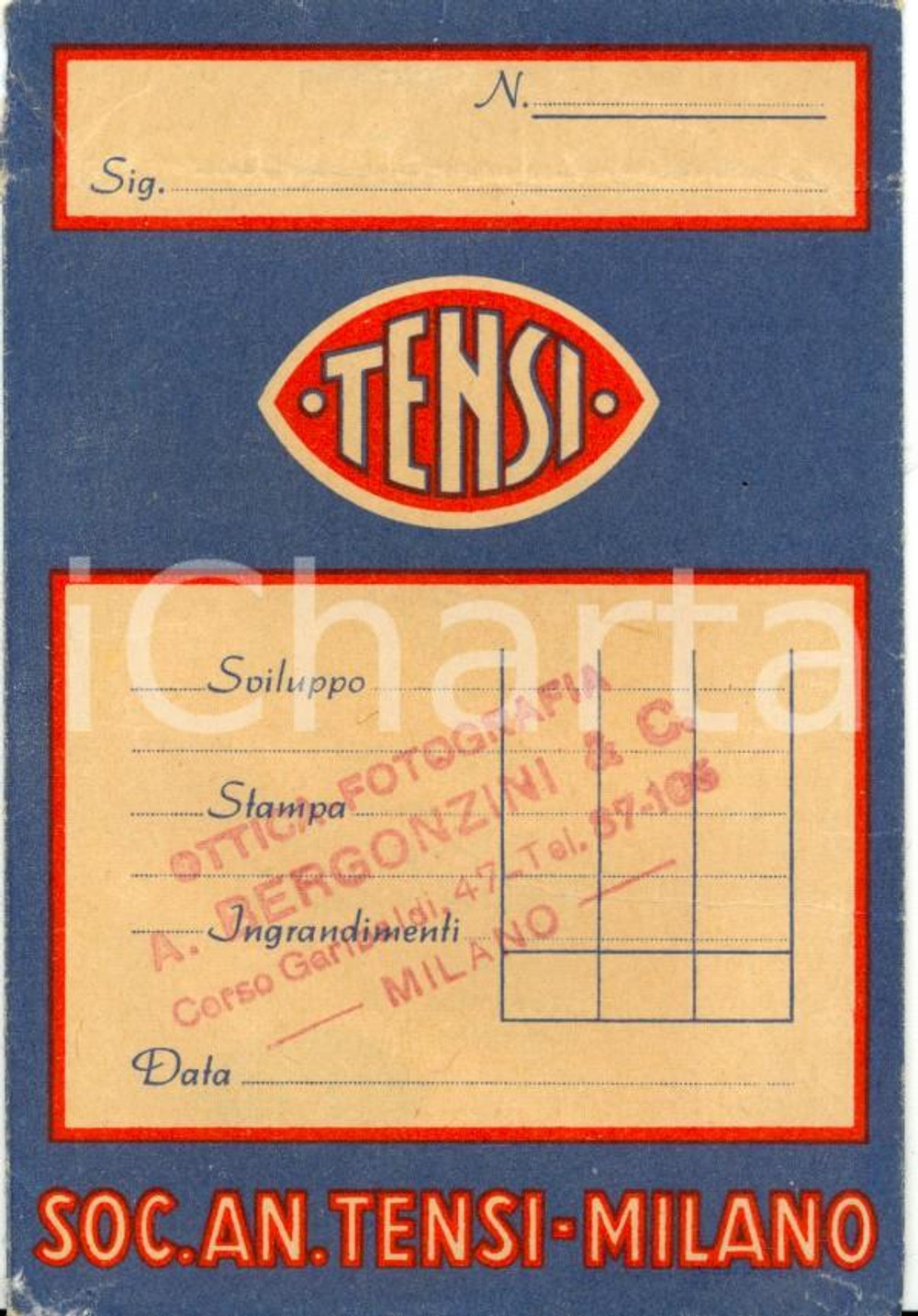 Materiale pubblicitario d’epoca 1950 ca MILANO Ottica fotografia A. BERGONZINI & C. Bustina portanegativi TENSI 1