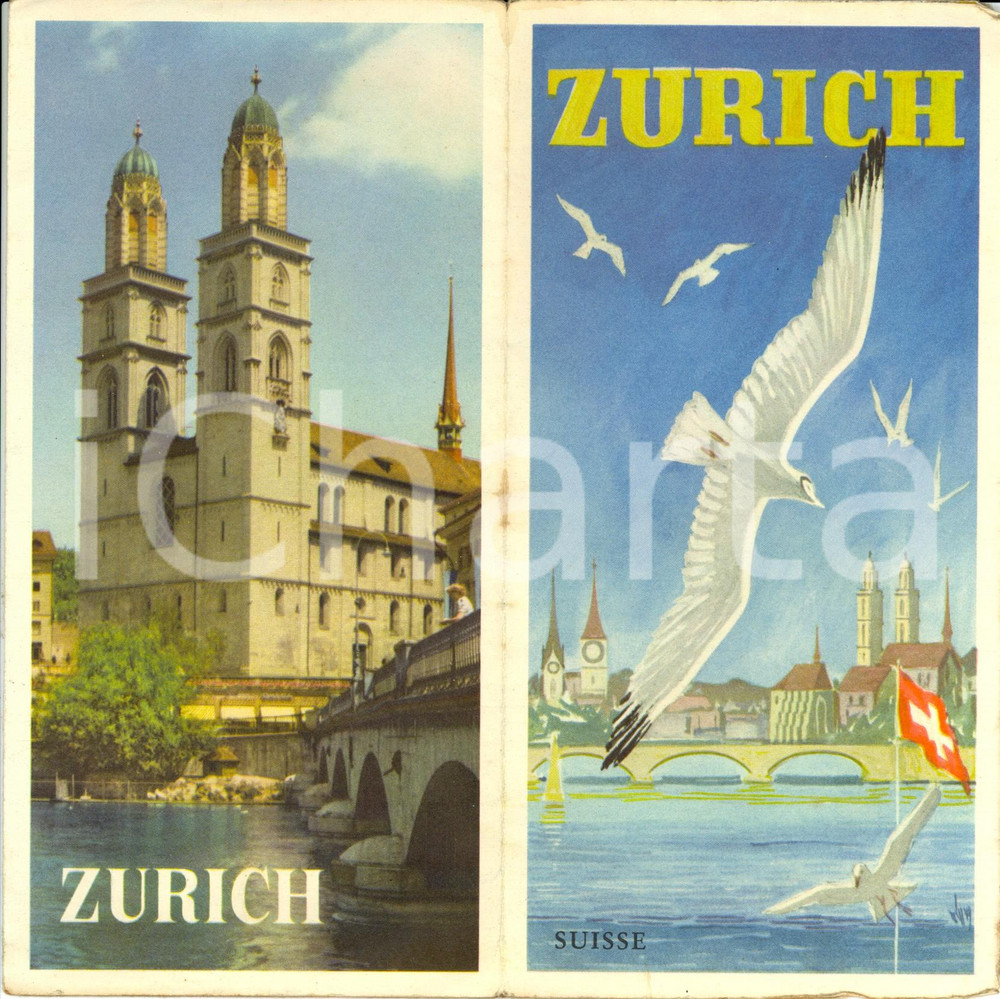 Materiale pubblicitario d’epoca 1955 ca ZURICH CH SUISSE Son lac et ses Alpes Opuscolo TURISTICO con mappa 1