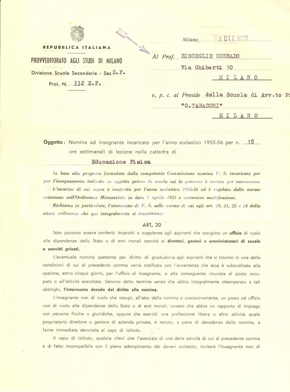 Documento originale, autentico 1955 MILANO Provveditorato agli Studi Nomina a insegnante per scuola TABACCHI 1