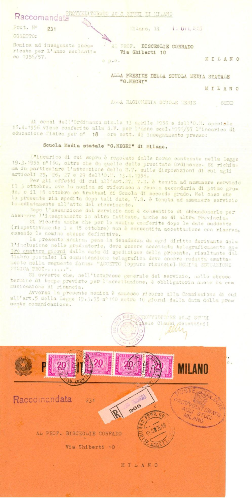 Documento originale, autentico 1956 MILANO Provveditorato agli Studi Nomina insegnante scuola NEGRI Documento 1