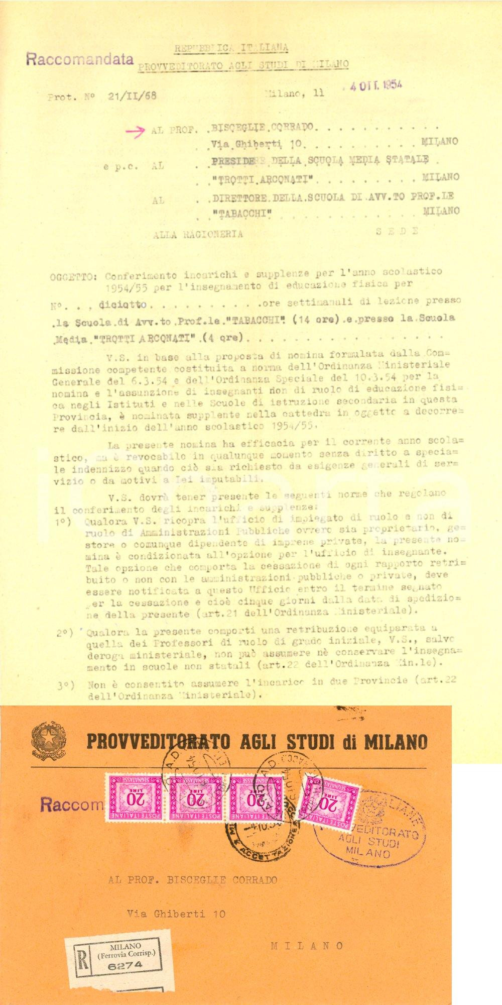 Documento originale, autentico 1954 MILANO Provveditorato Studi Nomina insegnante scuole TABACCHI e ARCONATI 1