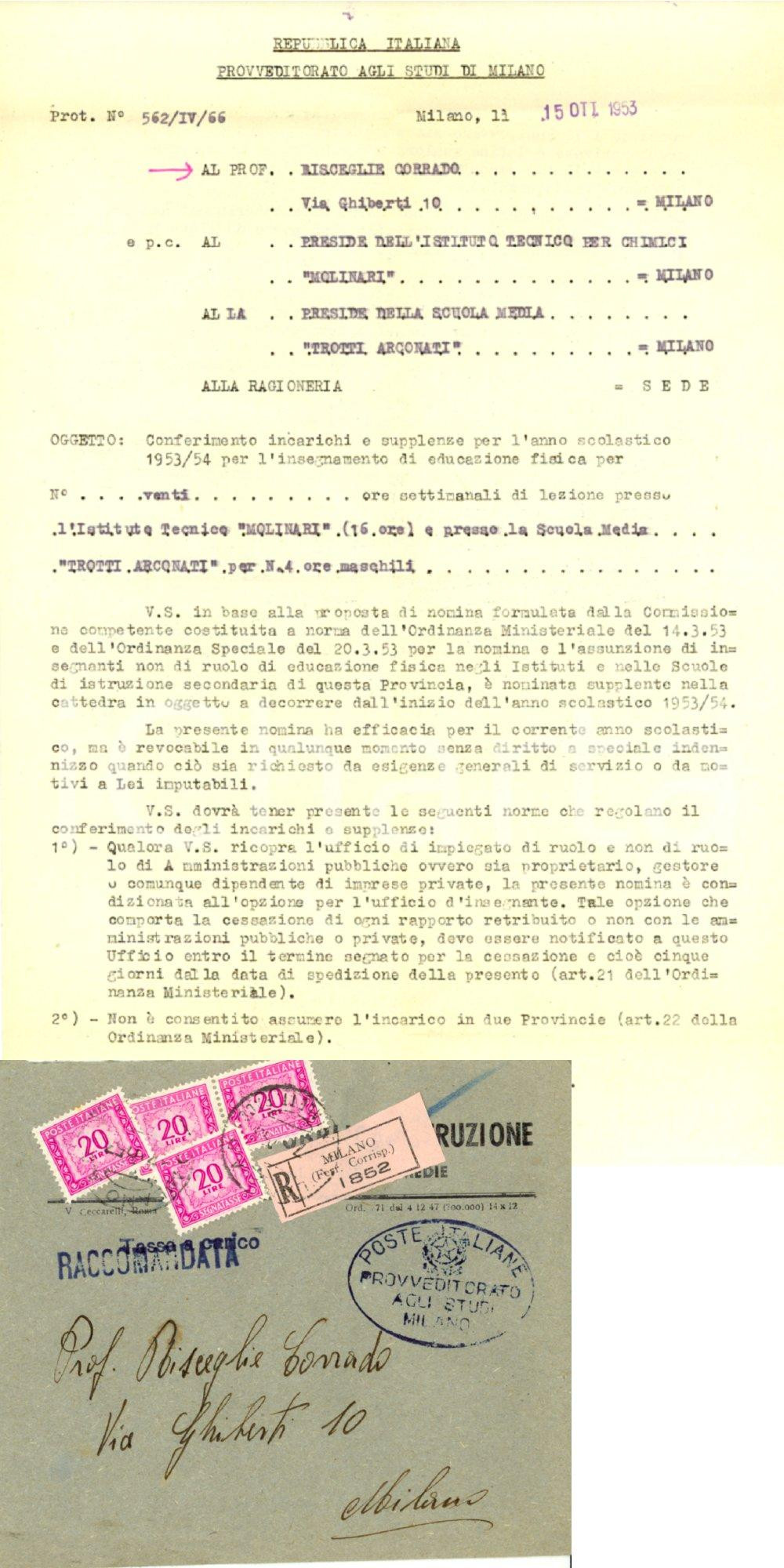 1953 MILANO Provveditorato Studi Nomina a insegnante scuole MOLINARI e ARCONATI