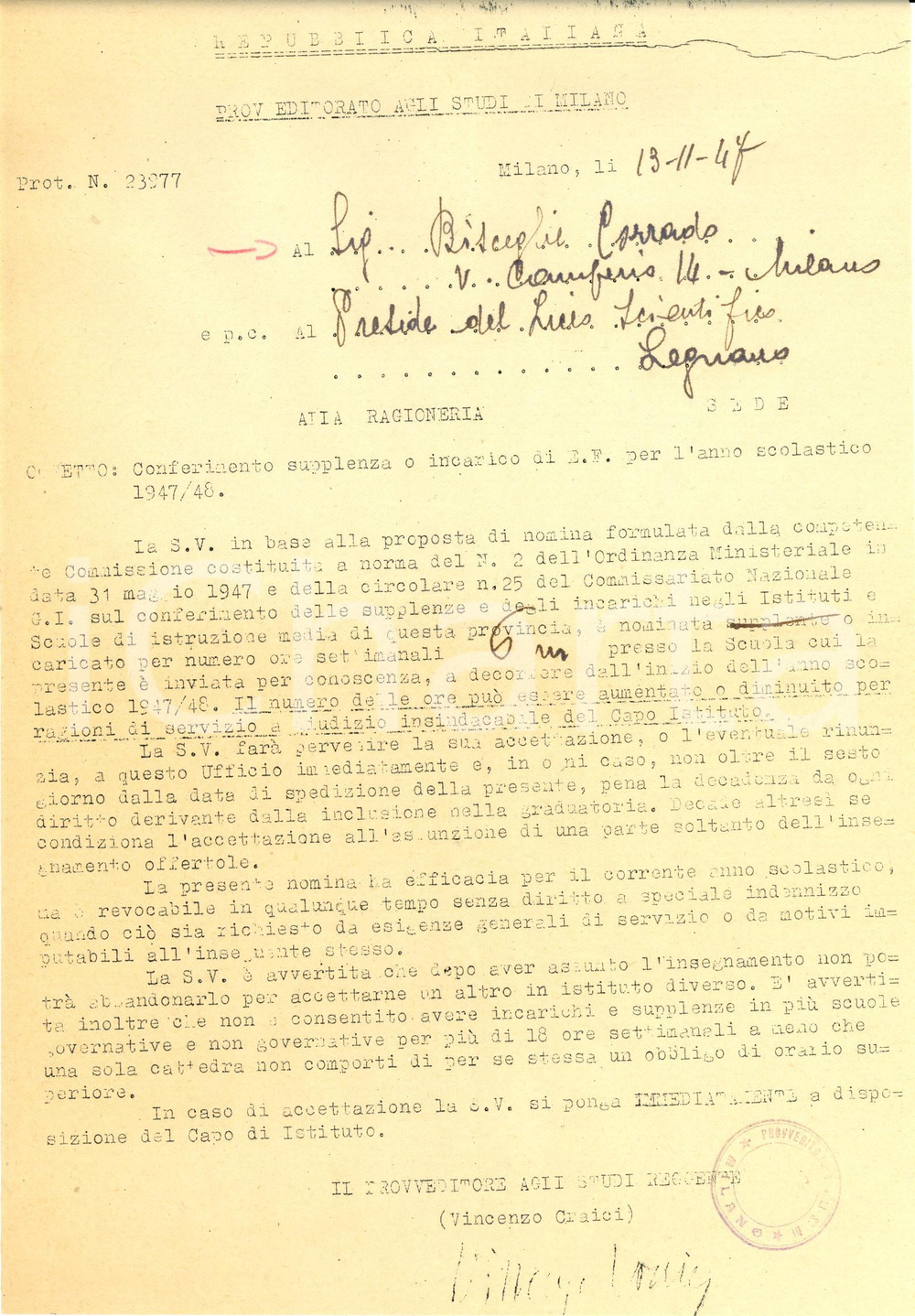Documento originale, autentico 1947 MILANO Provveditorato Studi Nomina insegnante liceo scientifico LEGNANO 1
