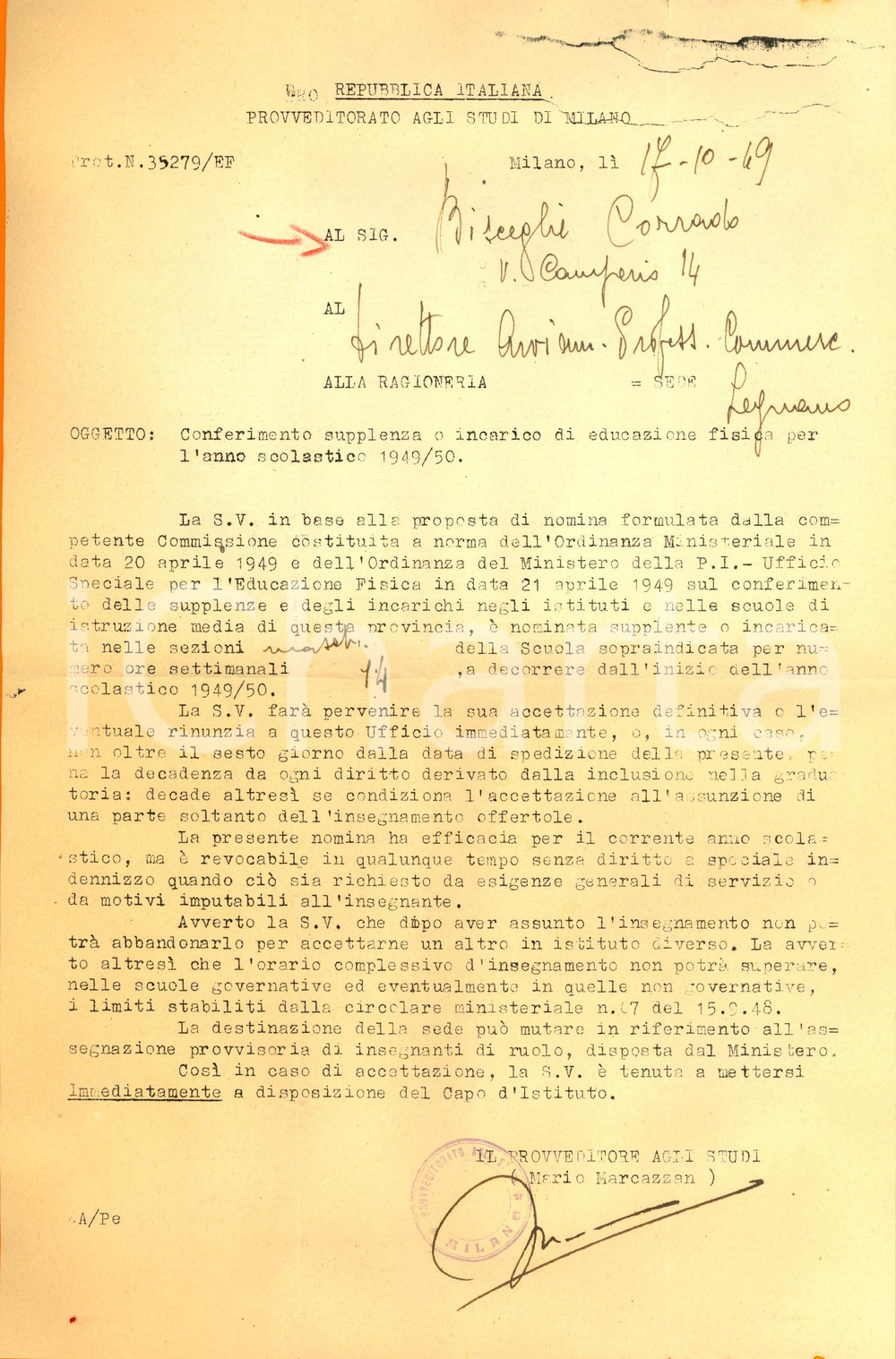 Documento originale, autentico 1949 MILANO Provveditorato Studi Nomina insegnante scuola avviamento di LEGNANO 1