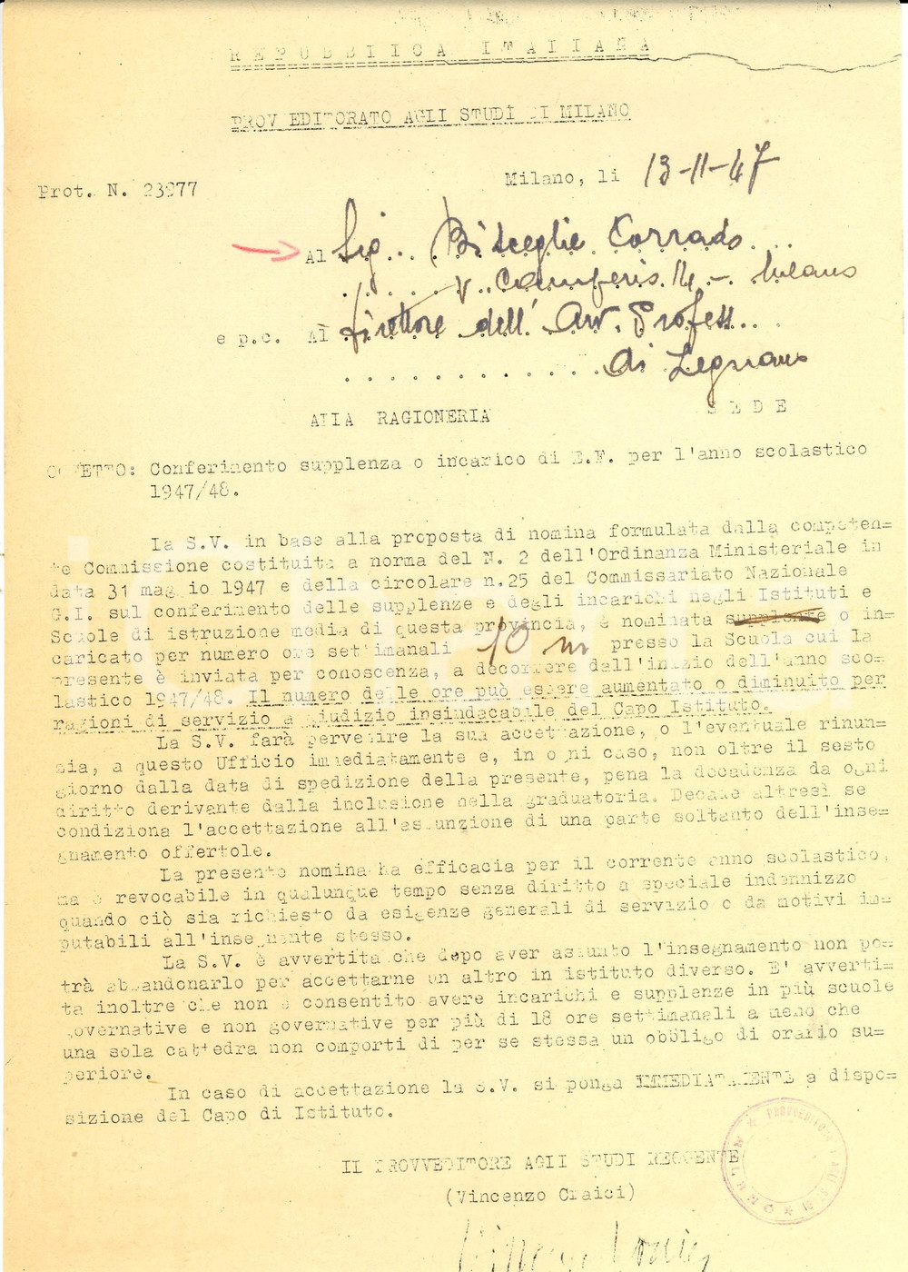 Documento originale, autentico 1947 MILANO Provveditorato Studi Nomina insegnante scuola di avviamento LEGNANO 1