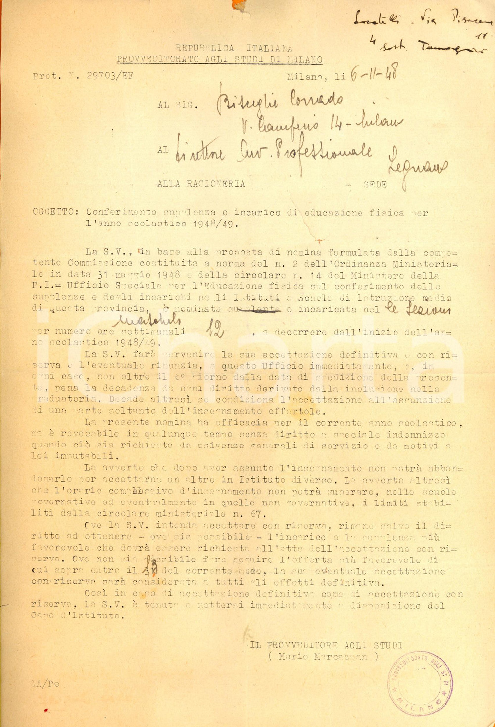Documento originale, autentico 1948 MILANO Provveditorato Studi Nomina insegnante scuola avviamento di LEGNANO 1