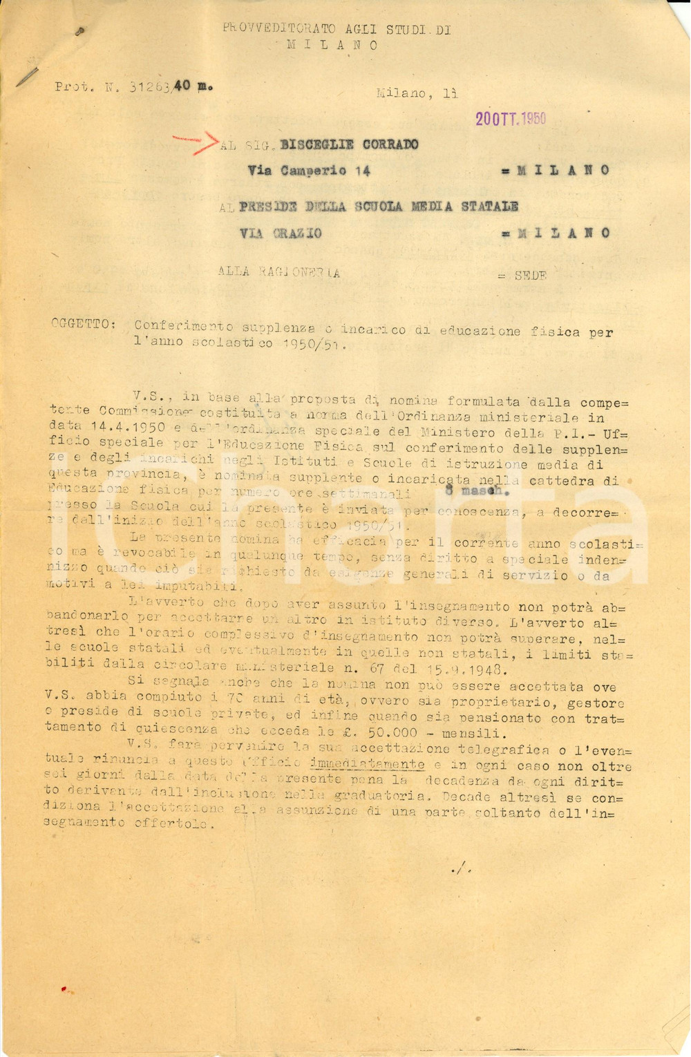 Documento originale, autentico 1950 MILANO Provveditorato Studi Nomina insegnante per scuole ORAZIO e CONTI 1