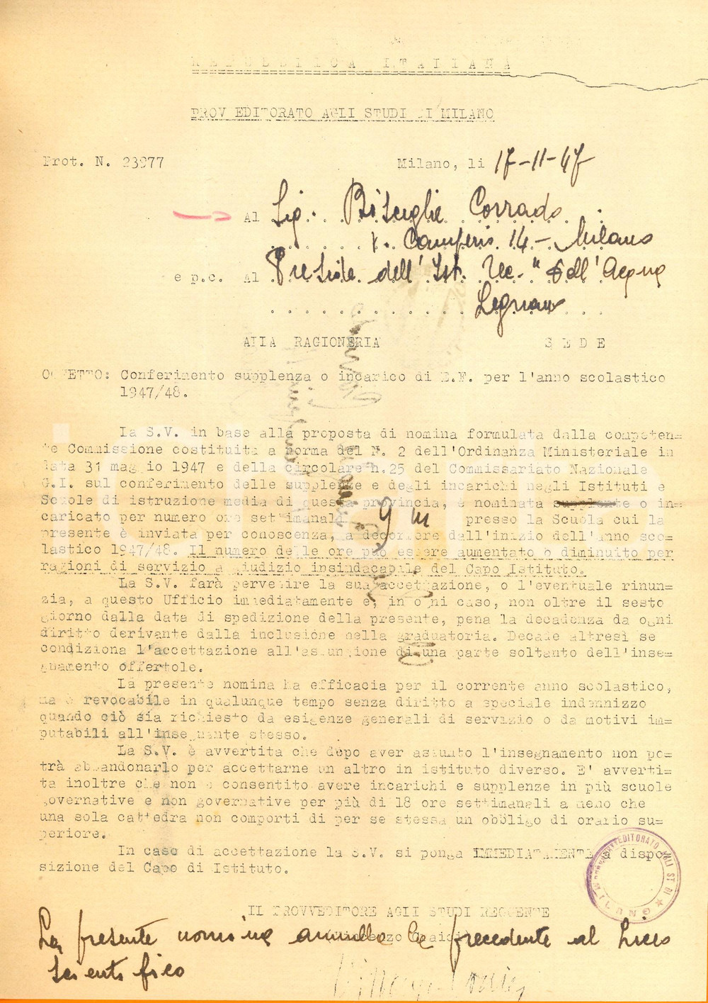 Documento originale, autentico 1947 MILANO Provveditorato Studi Nomina insegnante scuola DELL ACQUA di LEGNANO 1