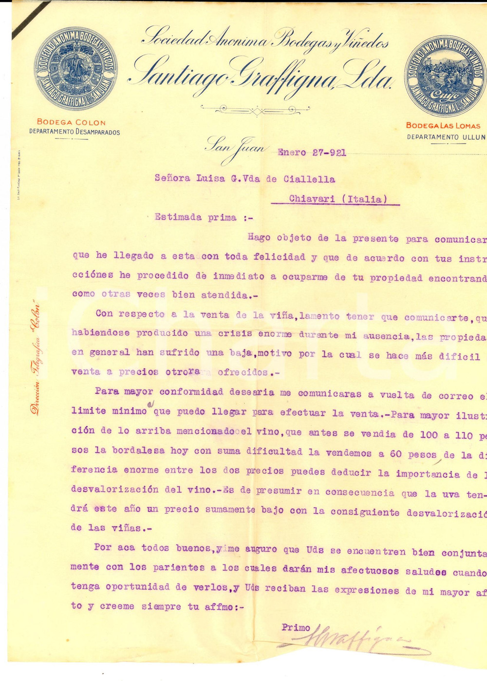 Documento originale, autentico 1919 SAN JUAN ARGENTINA Santiago GRAFFIGNA vini  Crisi e vendite difficili 1