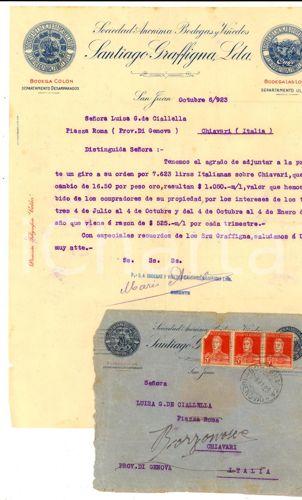 Documento originale, autentico 1923 SAN JUAN ARGENTINA Santiago GRAFFIGNA su vendita fondo Luisa CIALLELLA 1