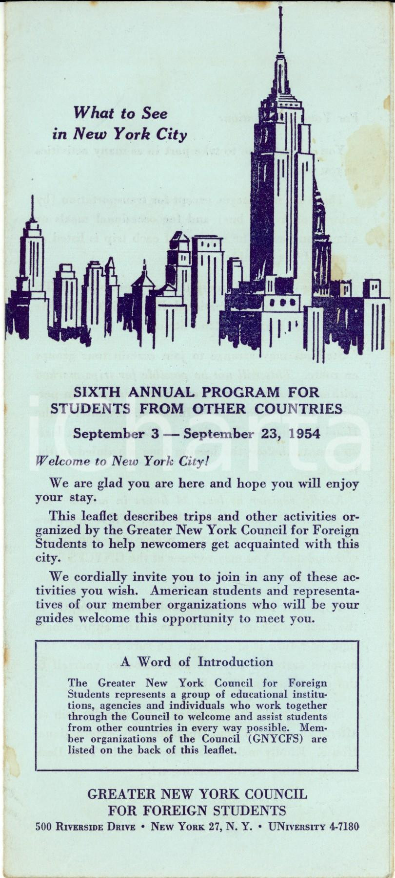 Materiale pubblicitario d’epoca 1954 NEW YORK What to see 6th program for students from other countries 1 1