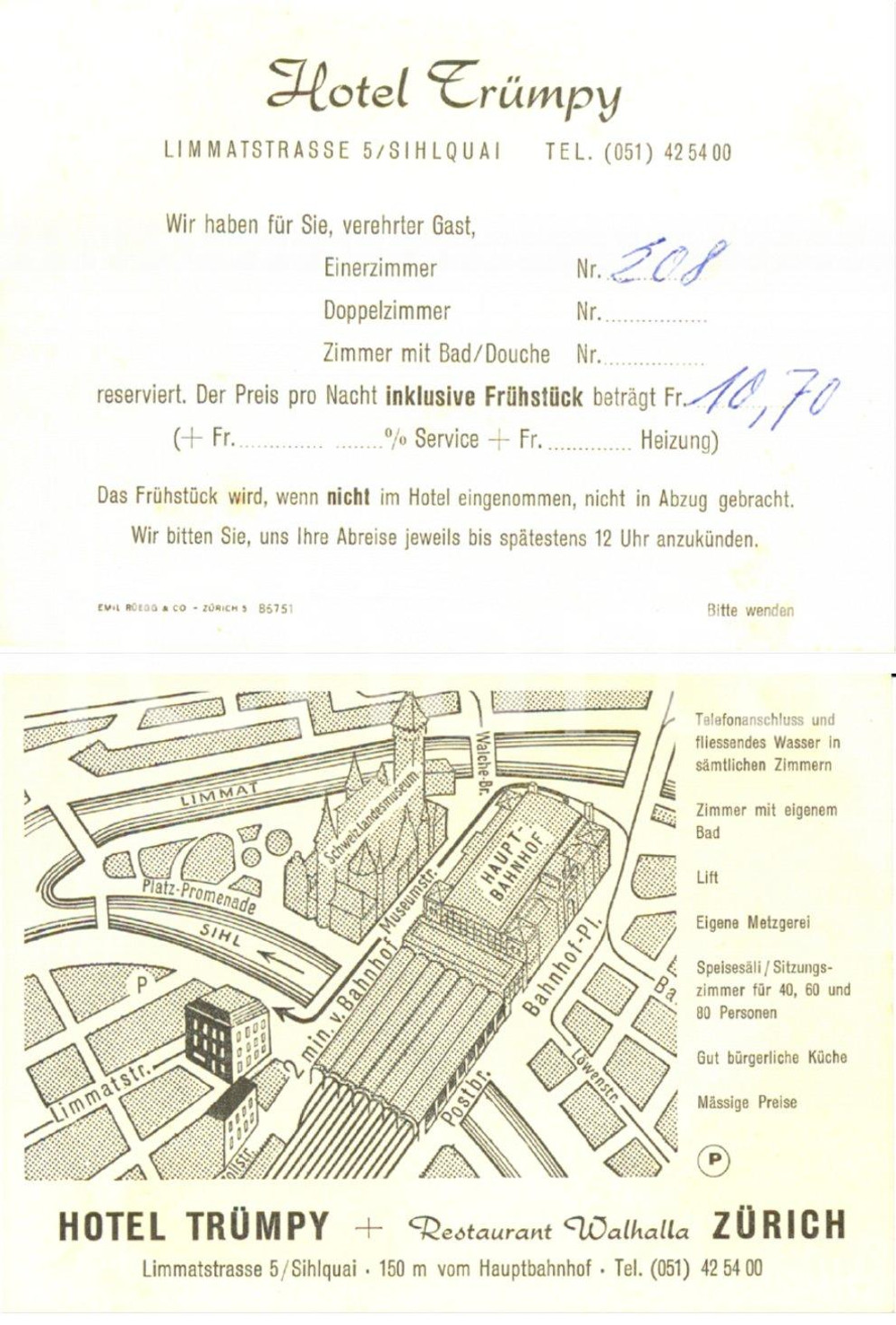 Materiale pubblicitario d’epoca 1960 ca ZURIGO Hotel TRUMPY  Biglietto ILLUSTRATO per prenotazione 2 1