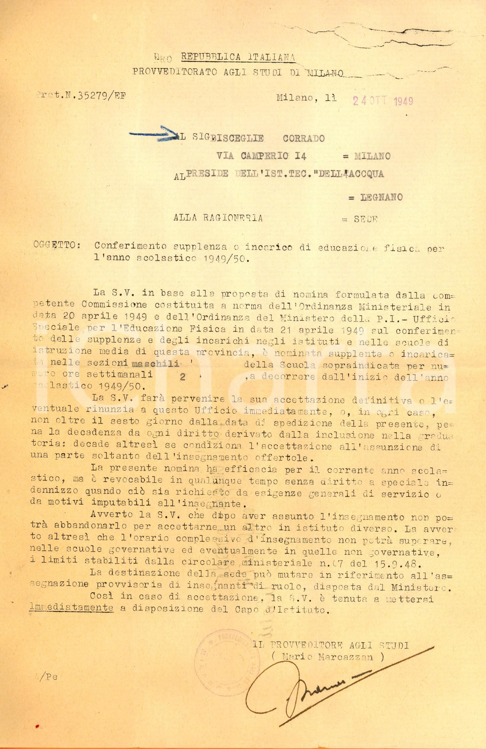 Documento originale, autentico 1949 MILANO Provveditorato Studi Nomina insegnante istituto Dell Acqua LEGNANO 1